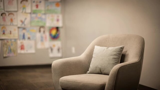 Focused medium view of a private youth counseling corner featuring a cushioned chair subtle overhead light and an art wall rendered softly out of focus.