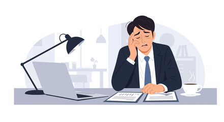 A businessman sits at his desk, intensely focused on paperwork, using a laptop and surrounded by office supplies