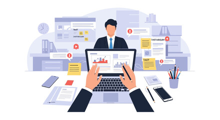 Fototapeta premium Businessman analyzing data on laptop with various charts and graphs surrounding him in a modern office environment from a front viewpoint