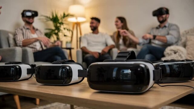 Group demo in a cozy VR therapy corner headsets lined up with one in sharp focus and participants seating gently faded to emphasize shared experience.
