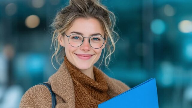 Stylish Professional with Glasses: A sophisticated professional exudes confidence, her warm smile and elegant glasses adding to her approachable and capable demeanor.