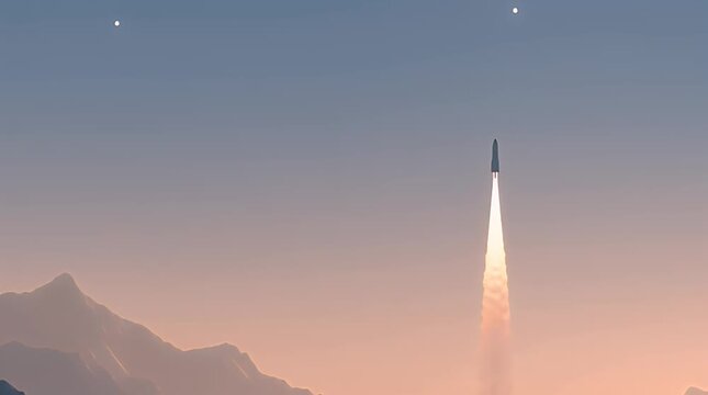 A serene yet powerful image of a rocket ascending into the sky, symbolizing ambition and breakthrough innovation. Ideal for illustrating progress and 