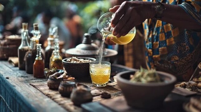 Traditional Jamu Seller Pouring Herbal Drink