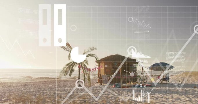 Animated illustration showing tiki-style beach hut glowing under string lights and pennant flags