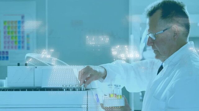 Senior scientist selecting test tube and loading into medical analyzer, generating data overlays