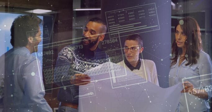 Bearded man unfolding blueprint and activating data overlays in business meeting shaking hands
