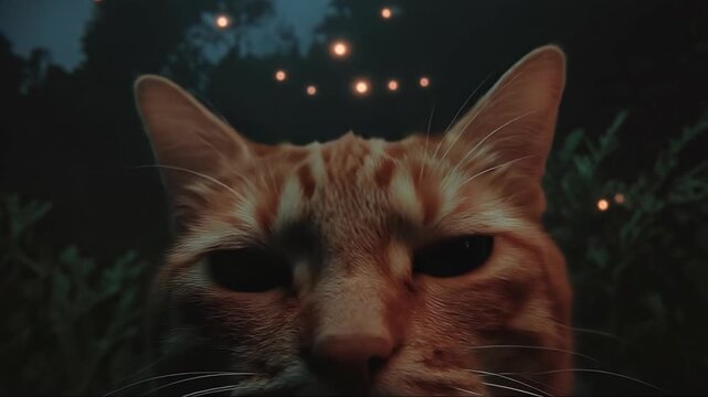 Orange tabby cat gazing upward at sparkling fireflies in dark forest setting. Animated sequence captures curious feline eyes widening amid glowing night lights and foliage background for magical