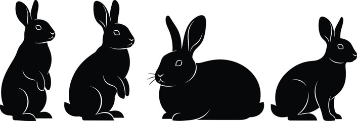 Rabbit animal silhouette icon collection, sitting upright lying down turned body poses with ears raised, wildlife nature design elements artwork, flat vector illustration © MD Tariful islam