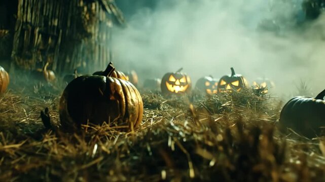 Spooky animated pumpkins glowing in misty field at night. Jack-o-lanterns lighting up foggy autumn scene with hay and wooden hut background for halloween atmosphere