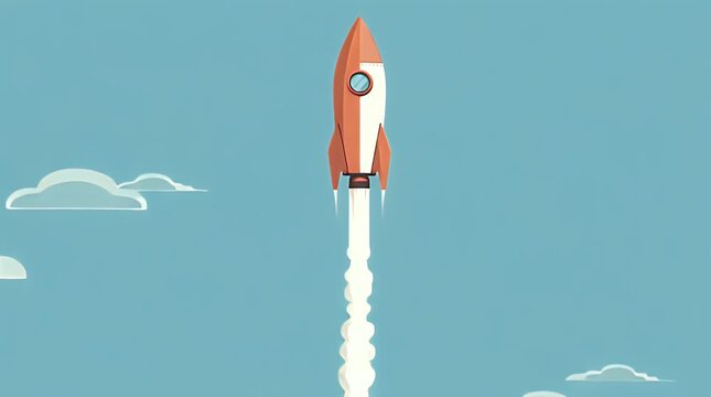 A retro-style illustration of a rocket taking off, conveying ideas of innovation, ambition, and achieving new heights. Ideal for representing startup 