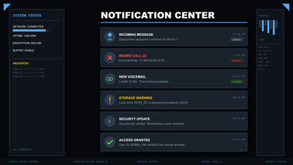 Dark mode futuristic dashboard displaying system status, network connection, and notification center alerts