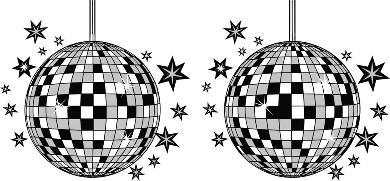Disco ball party decoration sketch, sparkling starburst effect, retro dance theme, shiny mirrored tiles, nightlife celebration design, flat vector illustration