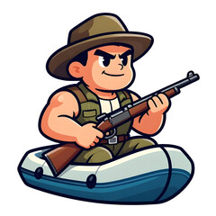 Fototapeta premium A burly hunter with a rifle. Dressed in hunting clothes. Cartoon mascot, illustration, clean lines, flat design, modern, high quality