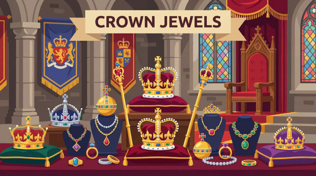 crown jewels displayed inside a royal throne room vector illustration, designed for fantasy, heritage, and prestige branding