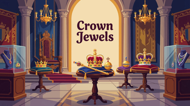crown jewels displayed inside a royal throne room vector illustration, designed for fantasy, heritage, and prestige branding