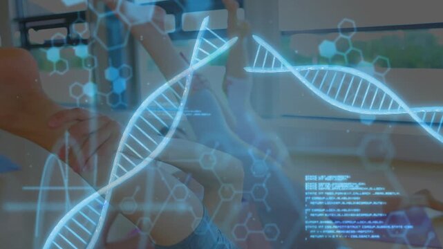 Front woman performing leg raises on mat in studio exercise starting revealing holo DNA for fitness