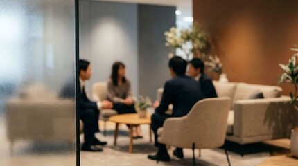 Obraz premium Blurred Business Discussion Behind Textured Glass Partition