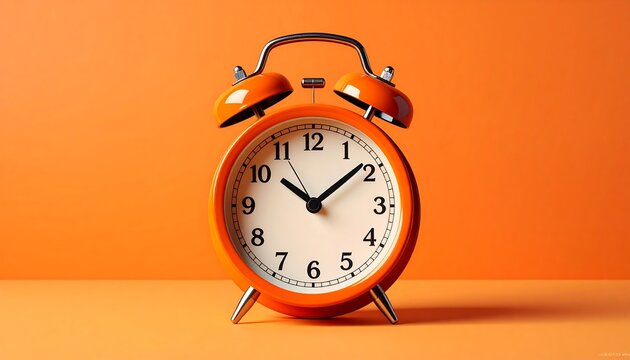 A vibrant orange alarm clock, set against a matching background, highlighting time