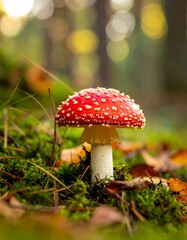 A vibrant, detailed close-up of a red-capped mushroom in a mossy forest setting with bokeh