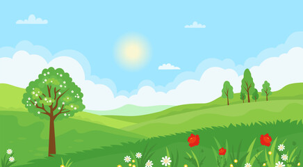 Naklejka premium Sunny Spring landscape with flowering tree, hills and blooming Red Poppy, White Flowers. Seasonal Nature Minimal springtime flat horizontal background. Vector illustration