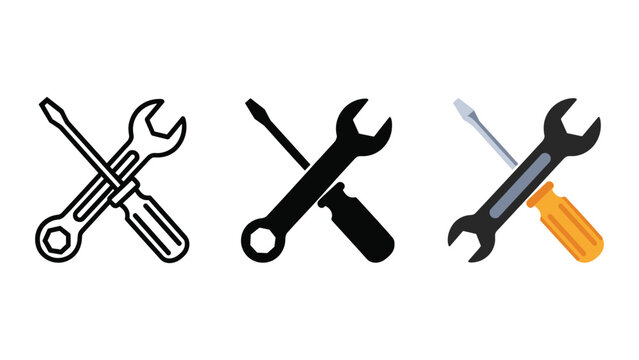 Various styles of crossed wrench and screwdriver icons