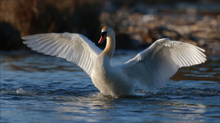 Swan taking off from water with wings spread