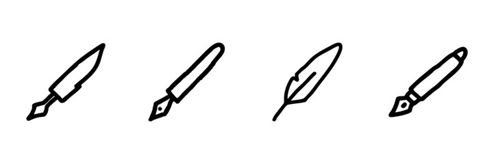 Fountain Pen And Quill Line Icon Set In Doodle Style. Writing Instruments And Calligraphy Tools Outline Sketch Collection. Creative Expression And Artistic Design. Hand Drawn Vector Illustration
