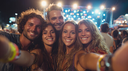 Fototapeta premium Group of friends taking a selfie at an outdoor music festival under string lights