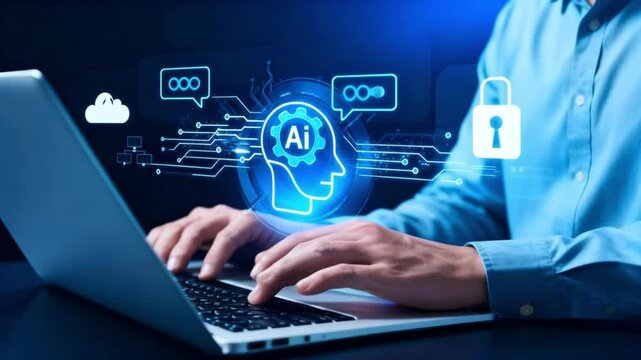 Concept Humans work with artificial intelligence, humans use intelligent AI technology enter command prompt for generates to solve problems, let AI help humans do their jobs.help with ai