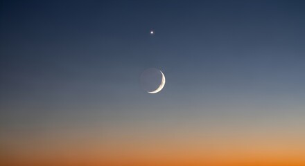 Fototapeta premium Crescent Moon and Bright Star Venus in Twilight Sky, Astronomical Conjunction, Celestial Event, Photography Stock Image for Astronomy and Space Enthusiasts