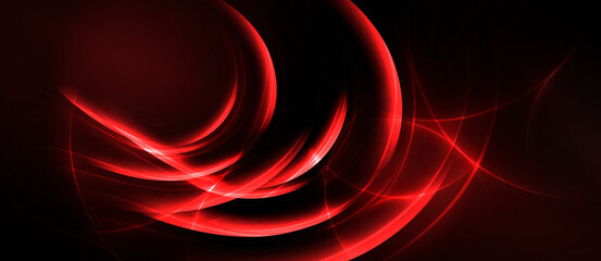 Abstract red lines swirl against black background. Dynamic energy radiates from central focal point, creating modern visual impact.
