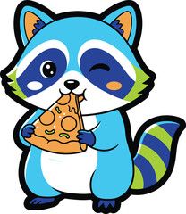 Cute Blue Raccoon Eating Pizza Cartoon