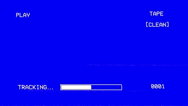 A horizontal loading bar appears during playback with light VHS tracking static on a blue analog background. This animation represents loading or buffering states. Ideal for retro video intros