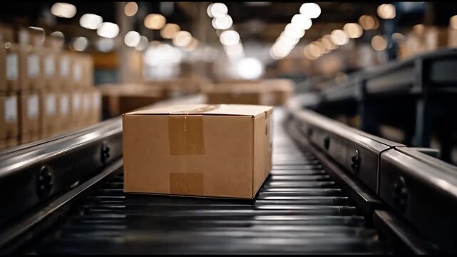Cardboard package moving on conveyor belt in distribution center, shipping, fulfillment and supply chain logistics workflow concept generative AI
