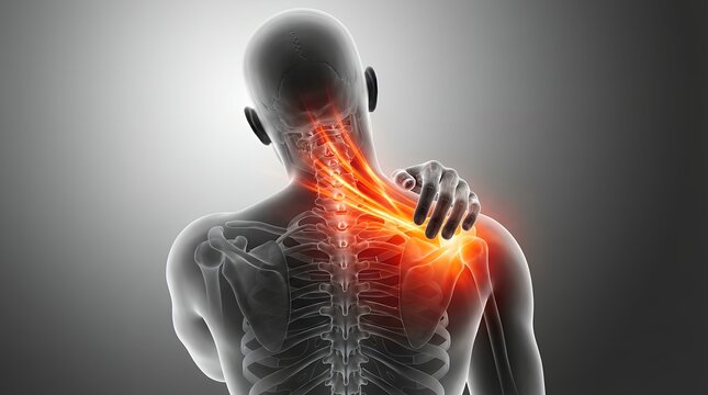 Anatomical illustration of a person experiencing intense pain in their neck and shoulders depicted with glowing red highlights indicating inflammation and discomfort neck pain
