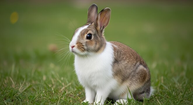 Brown and white rabbit sitting on green grass outdoors.