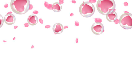 Happy Valentine&rsquo;s Day background vector with pink pastel heart in soap bubbles and rose petals. Romantic banner seamless horizontal