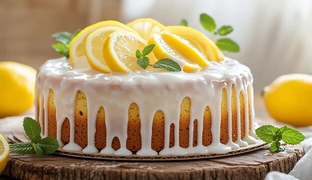 Lemon pound cake with white glaze on rustic wood slice, topped with thin lemon slices and fresh mint leaves, dripping white icing cascading down sides, whole lemons and lemon wedges arranged around 