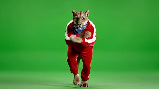 A cougar, also known as a puma or mountain lion, wearing a red and white tracksuit, walking forward against a vibrant green screen background.
