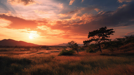 Fototapeta premium Dramatic Sunset Over Wetland with Silhouetted Trees