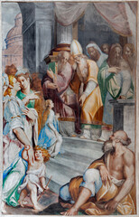 Obraz premium NOVARA, ITALY - JANUARY 16, 2026: The baroque fresco of Presentation of Virgin Mary in the temple in the church Basilica di San Gaudenzio by Camillo Landriani (1602 - 1617).