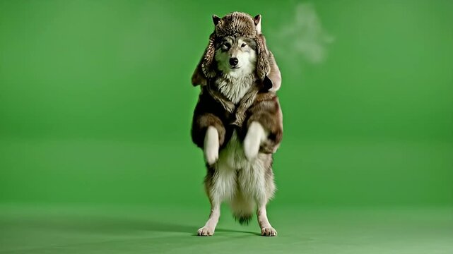 A wolf-like dog wearing a fur hat and coat stands on its hind legs, exhaling a puff of steam on a green screen.