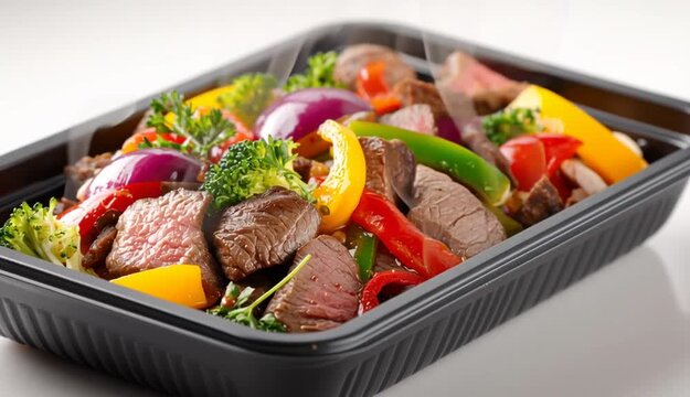 Close-up of plastic tray with beef and vegetables on white background.