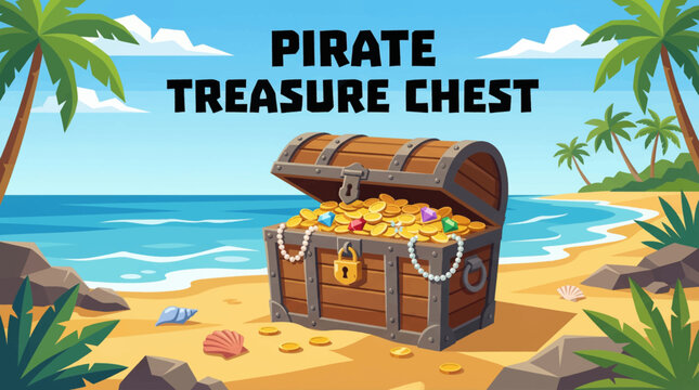 classic pirate treasure chest placed on a tropical beach with sand and rocks, designed for adventure branding, game assets, and storytelling visuals