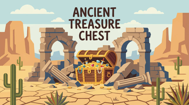 ancient treasure chest hidden inside desert ruins, ideal for archaeology, history, and adventure themed designs vector illustration