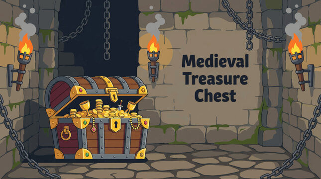 medieval treasure chest inside a stone castle dungeon, designed for fantasy games and historical storytelling vector illustration