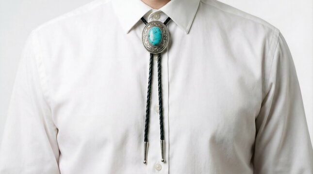 Man wearing white shirt with turquoise bolo tie, western style fashion accessory on minimal background