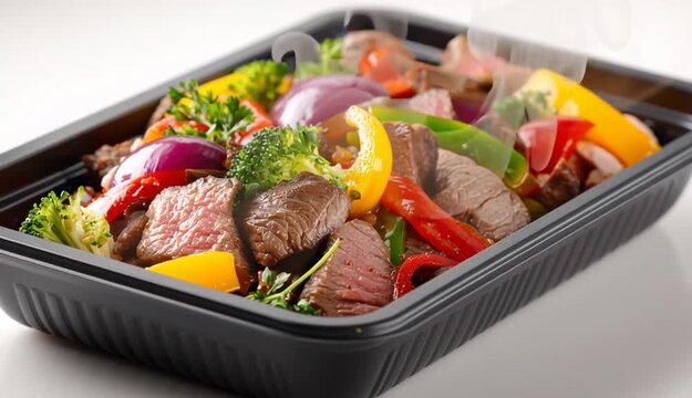 Close-up of plastic tray with beef and vegetables on white background.