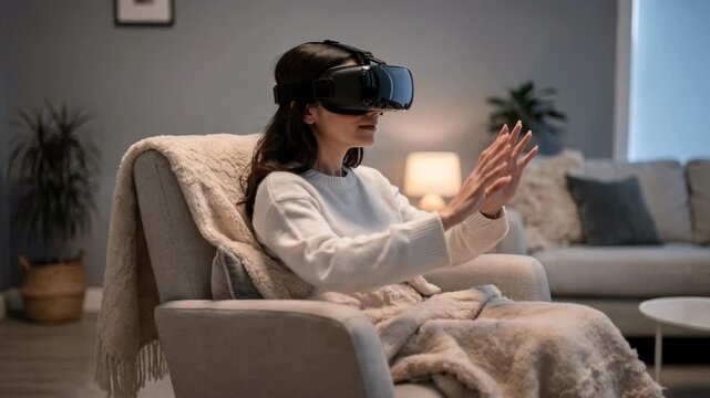Medium shot of a calming VR therapy corner with a single user deeply immersed headset in focus and softly blurred seating area enhancing a serene atmosphere.