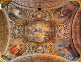 Obraz premium VIGEVANO, ITALY - JANUARY 18, 2026: The ceiling fresco of Assumption and the St. Thomas Aquinas, Augustine, Daniel in the church Chiesa di Santa Maria del Popolo by Giovan Battista Garberini (1888).